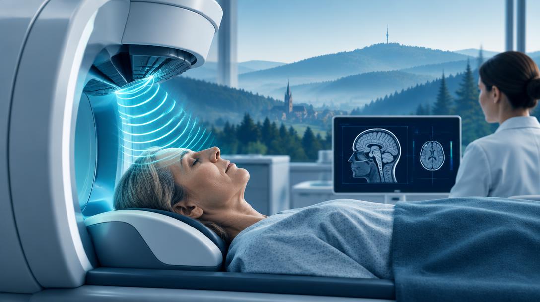 Schematische Behandlungsszene mit MRT und fokussiertem Ultraschall