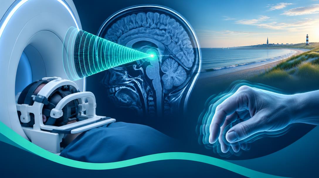 MRT-Aufnahme, Ultraschallfokus und Handtremor vor einer Küstenlandschaft