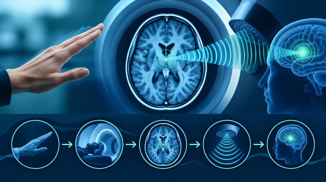 Schematischer Ablauf einer Tremor-Therapie mit fokussiertem Ultraschall