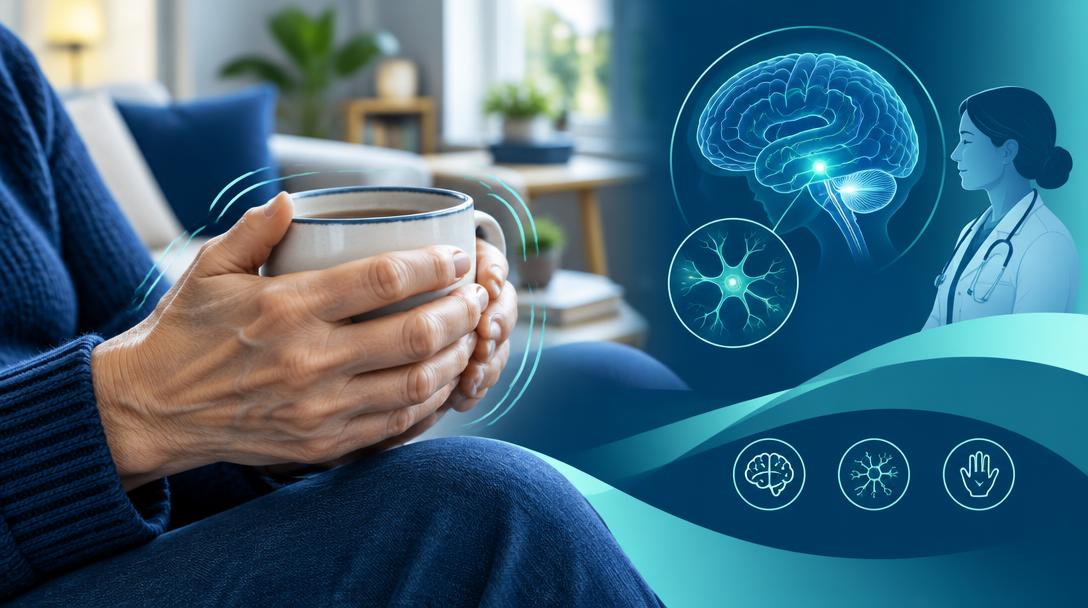 Zitternde Hände an einer Tasse und medizinische Einordnung von Tremor
